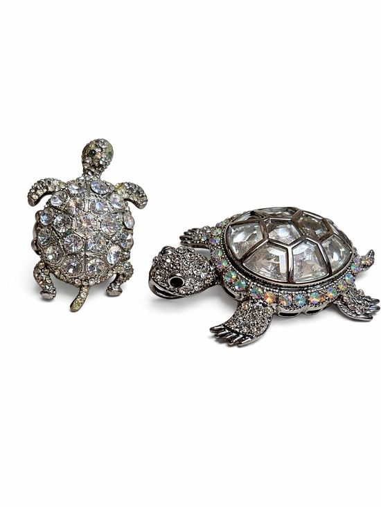 Jewelry - Vintage Rhinestone Turtle Brooch Pendant Stretch Ring Set Clear AB Crystal